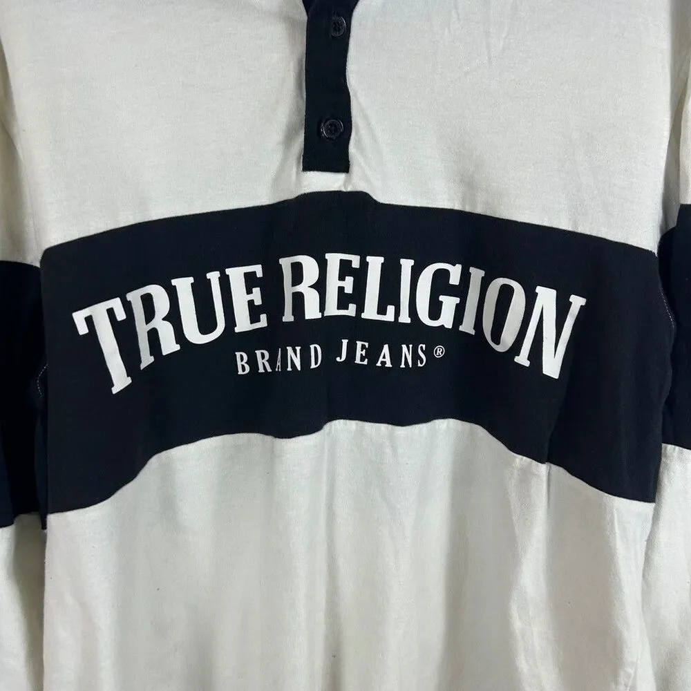 True Religion Long Sleeve Shirt Mens XL White Black Rugby Polo Graphic Tee
